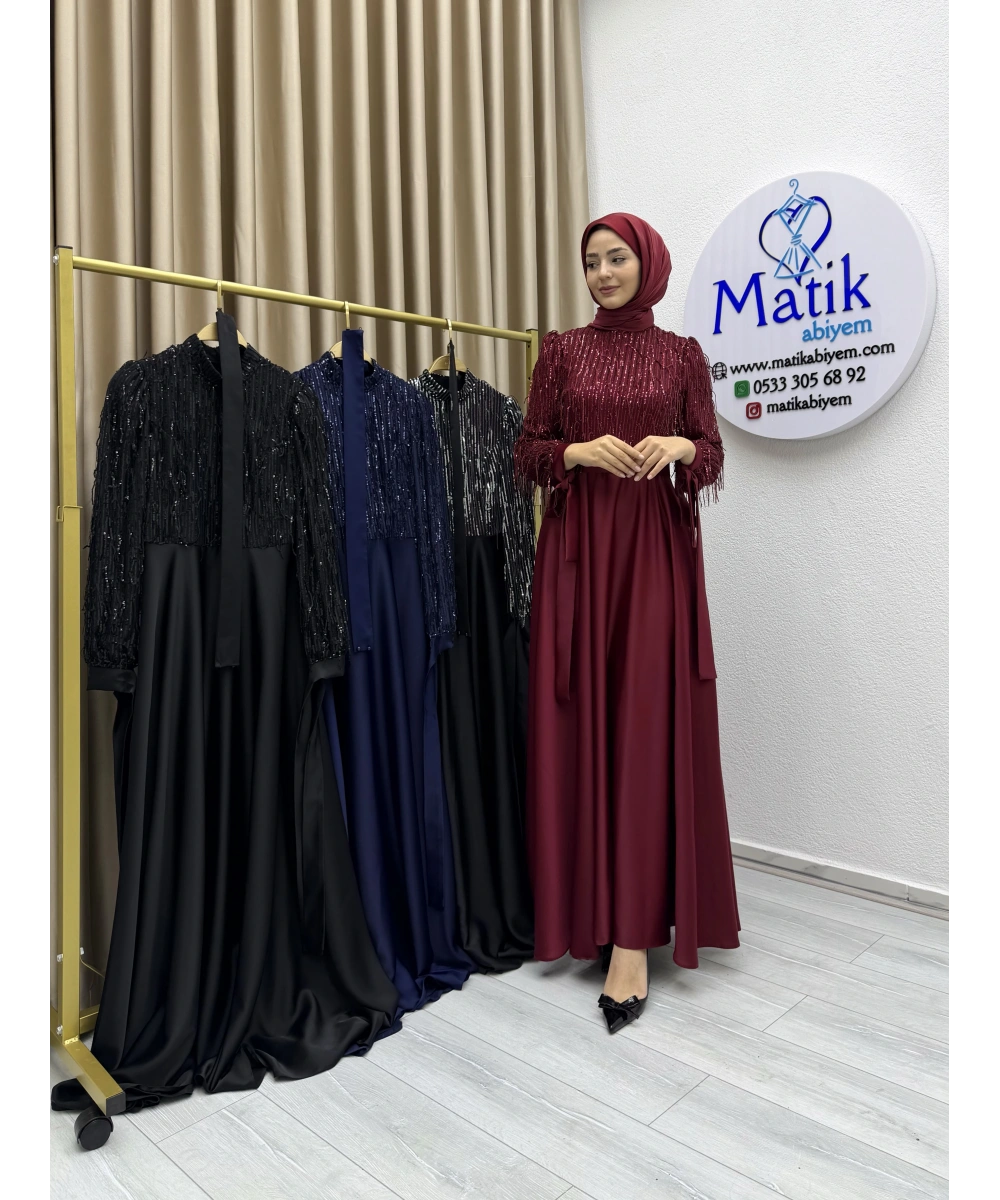 Saçaklı Payet Zara Saten Abiye
