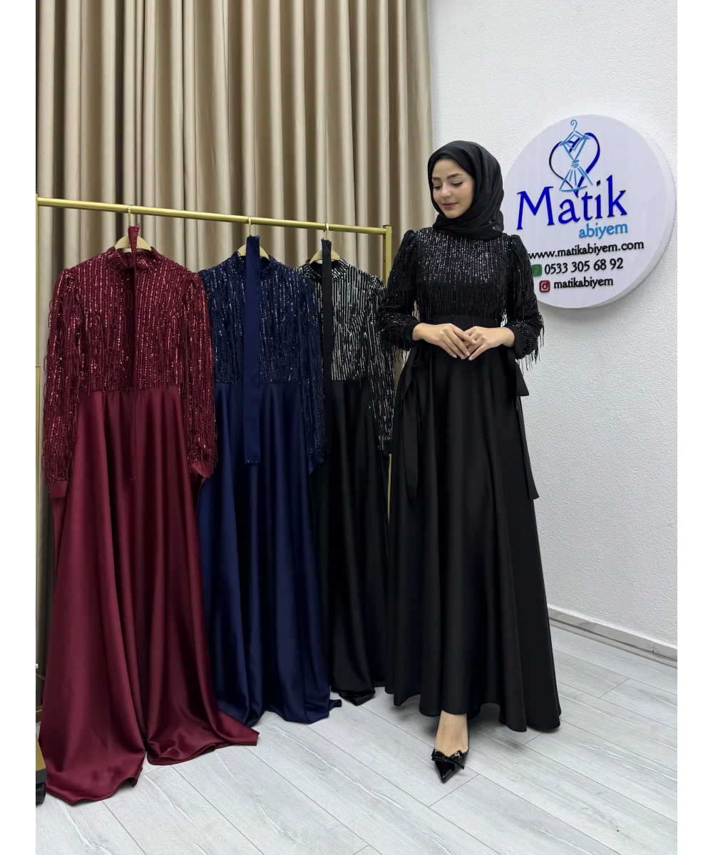 Saçaklı Payet Zara Saten Abiye