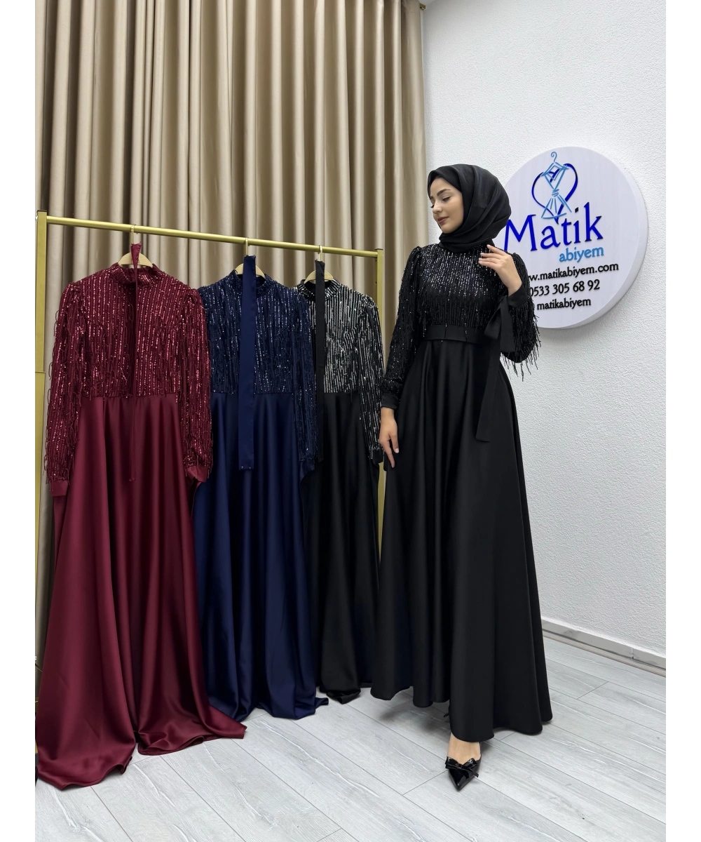 Saçaklı Payet Zara Saten Abiye