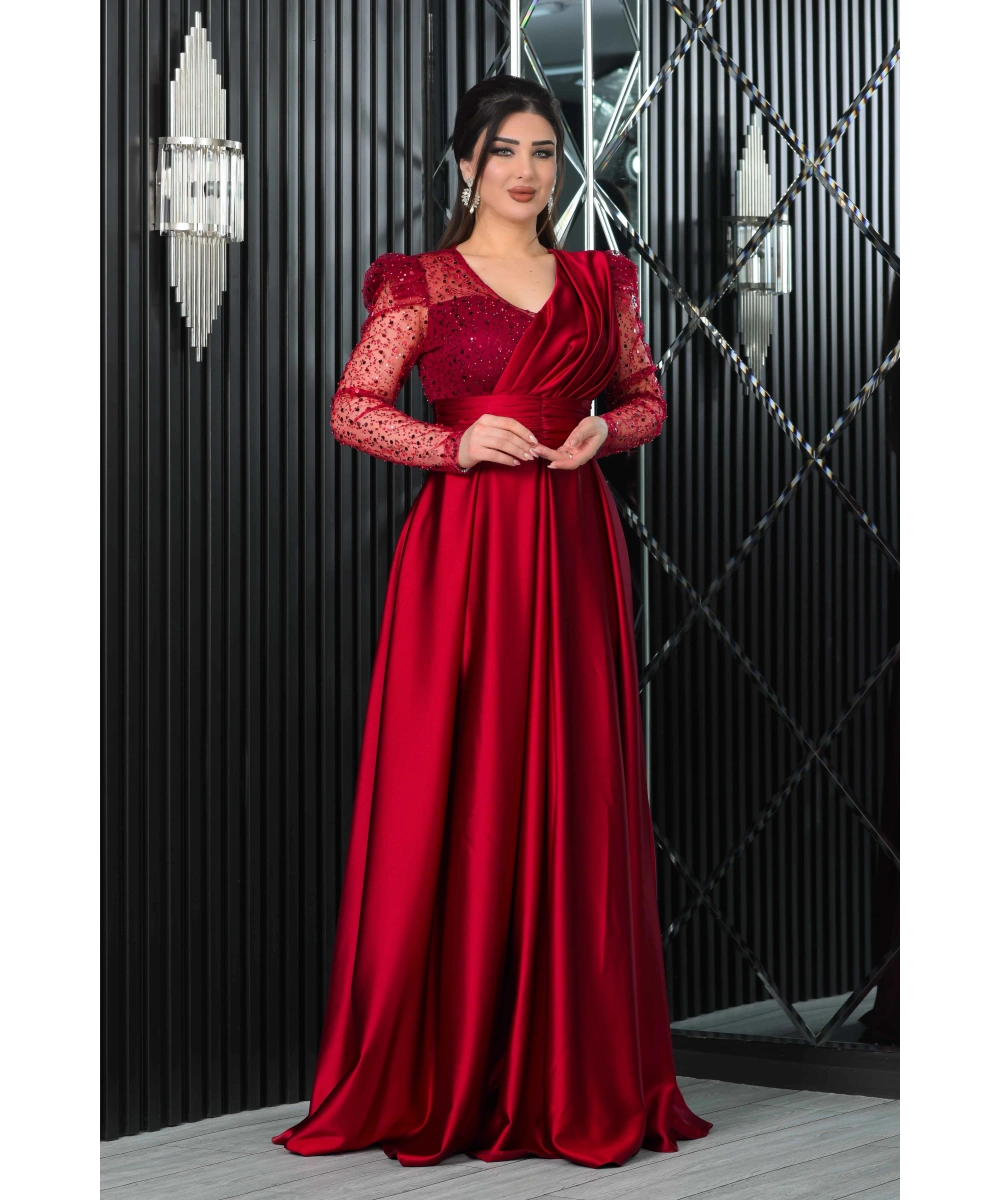 Saten İncili Payet Garnili V Dekolteli Uzun Elbise Abiye