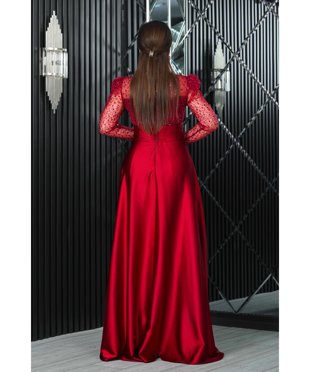 Saten İncili Payet Garnili V Dekolteli Uzun Elbise Abiye