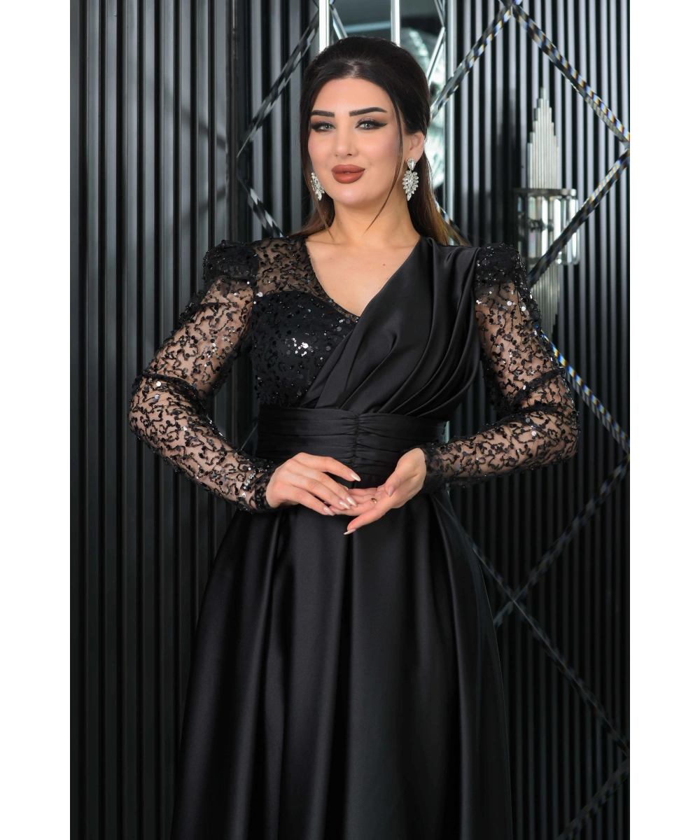 Saten İncili Payet Garnili V Dekolteli Uzun Elbise Abiye