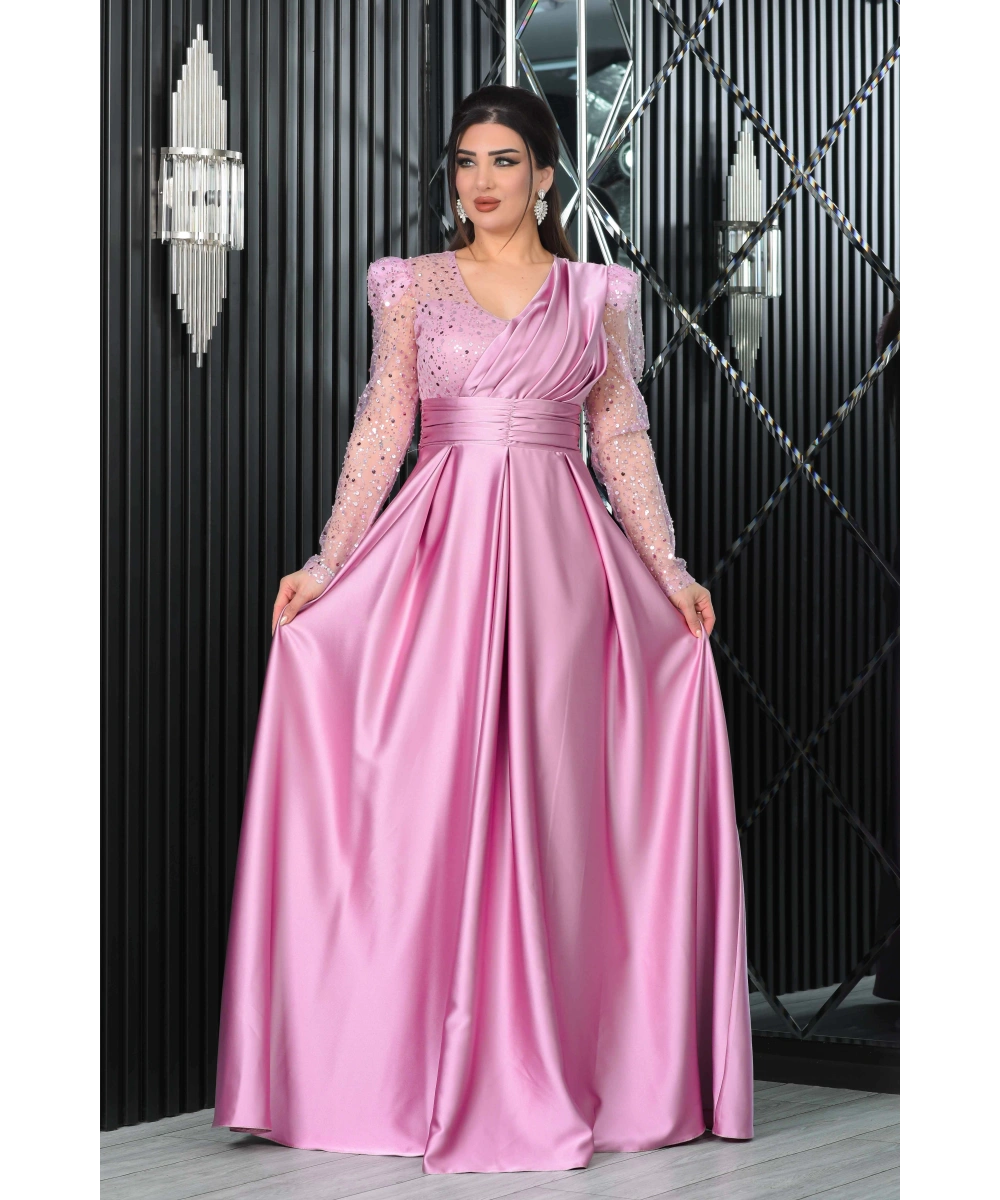 Saten İncili Payet Garnili V Dekolteli Uzun Elbise Abiye