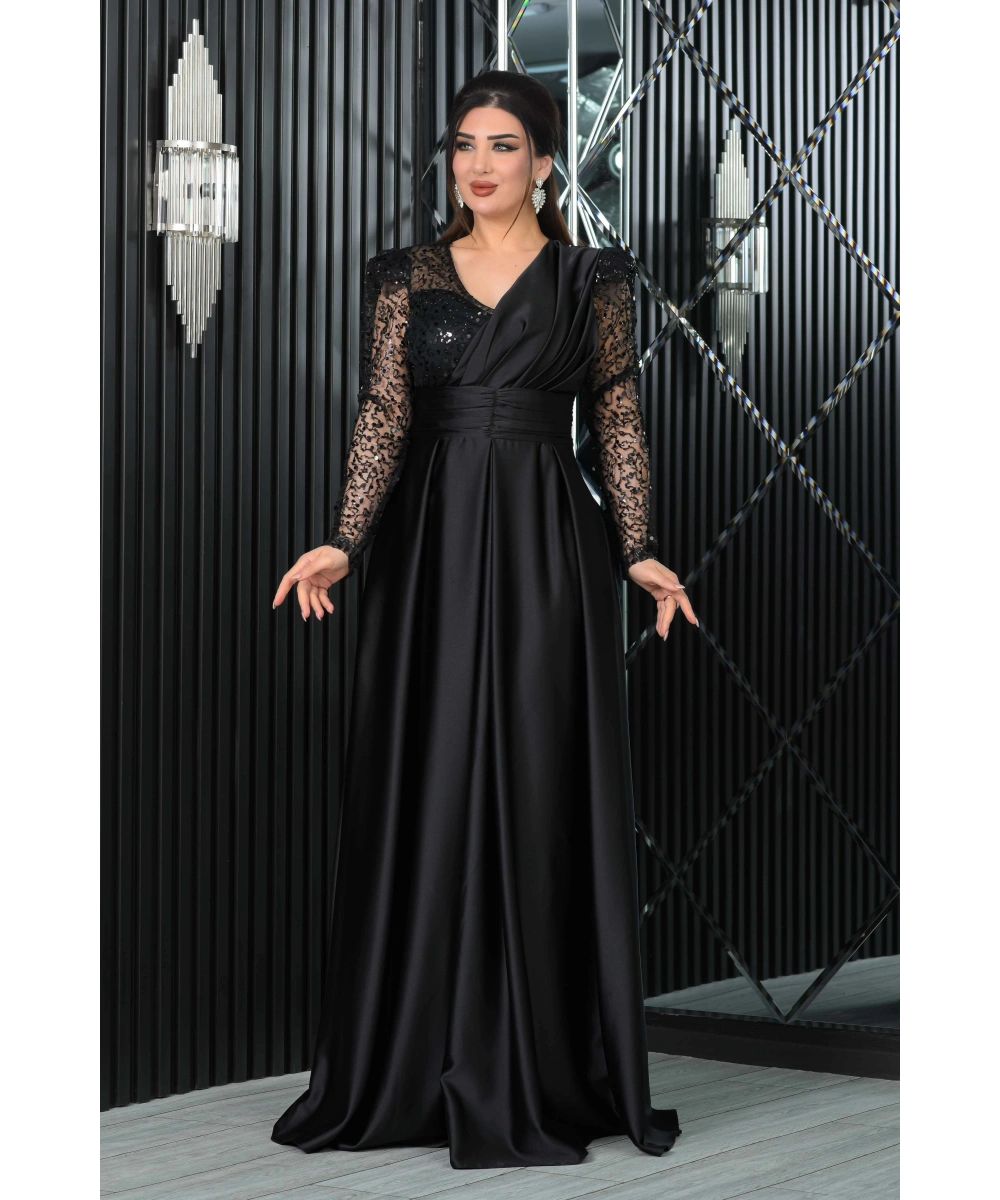 Saten İncili Payet Garnili V Dekolteli Uzun Elbise Abiye