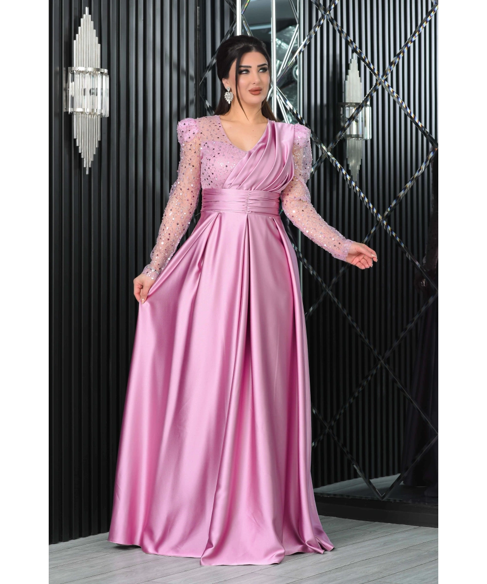 Saten İncili Payet Garnili V Dekolteli Uzun Elbise Abiye