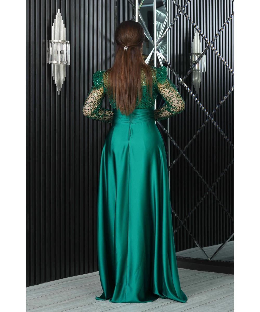 Saten İncili Payet Garnili V Dekolteli Uzun Elbise Abiye