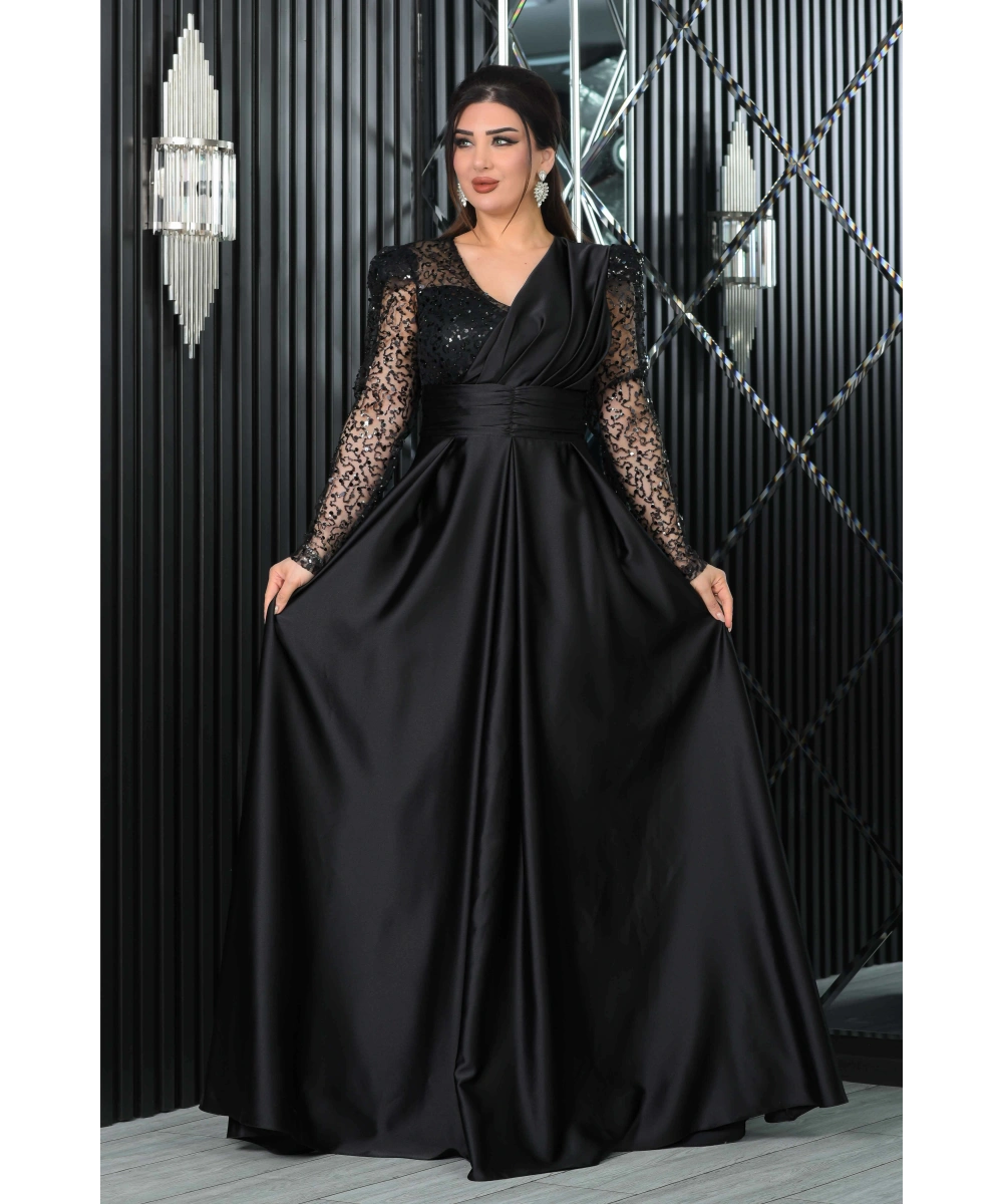 Saten İncili Payet Garnili V Dekolteli Uzun Elbise Abiye