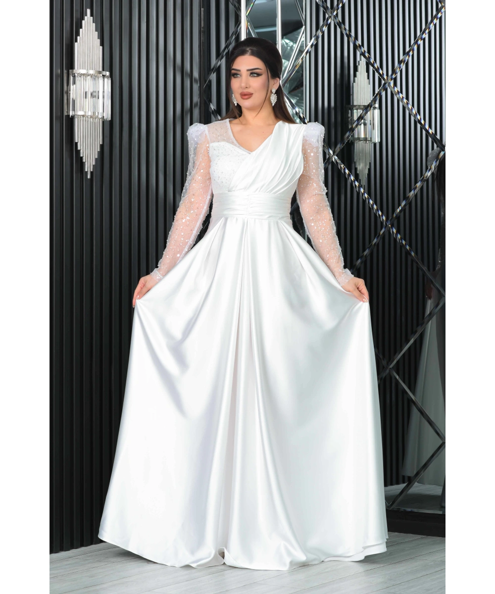 Saten İncili Payet Garnili V Dekolteli Uzun Elbise Abiye