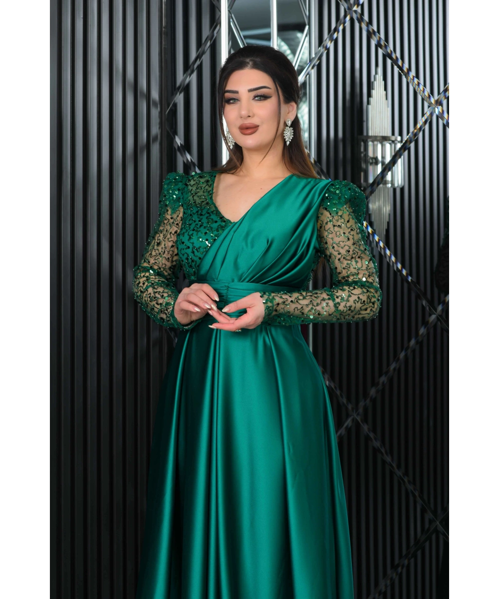 Saten İncili Payet Garnili V Dekolteli Uzun Elbise Abiye