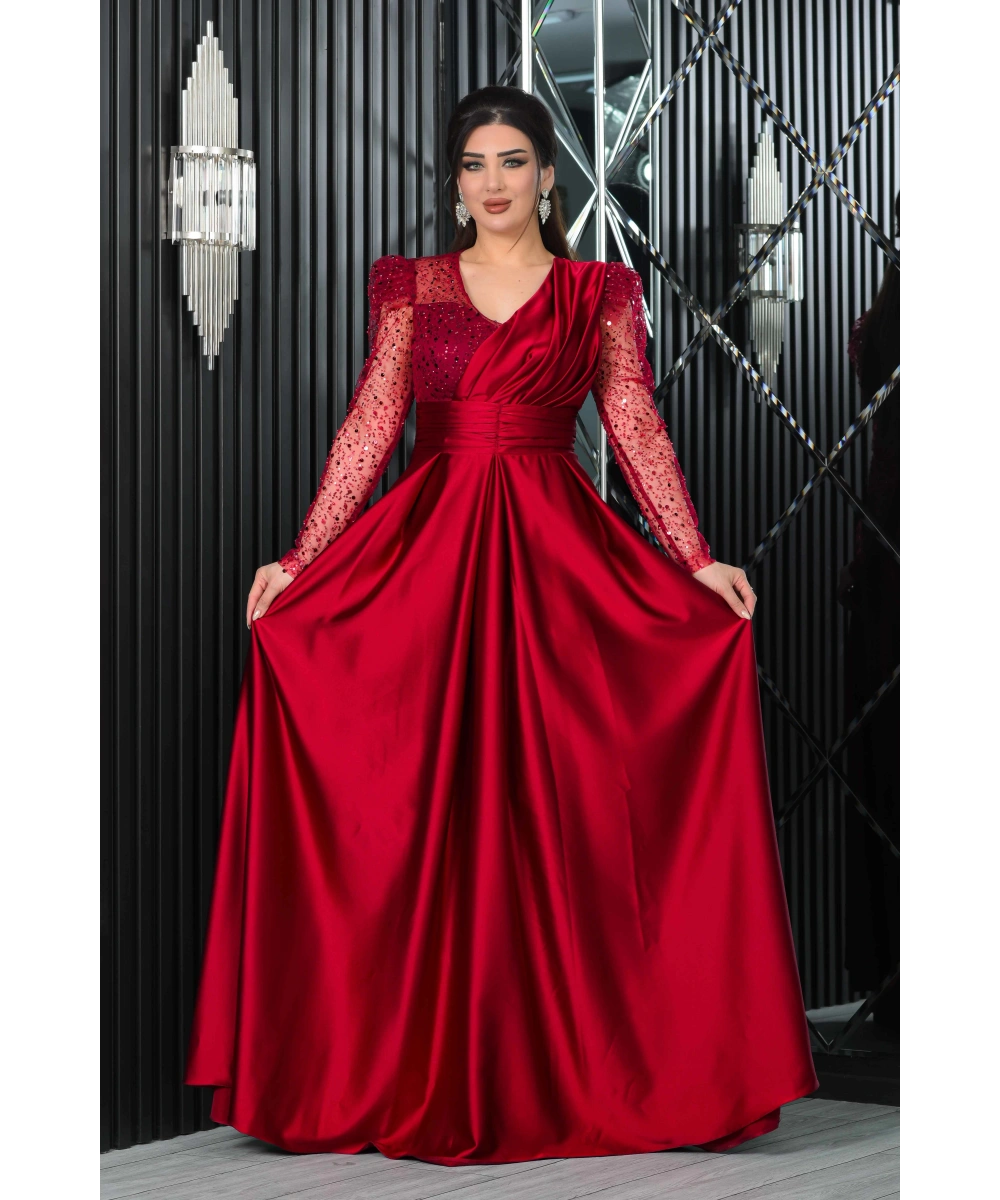 Saten İncili Payet Garnili V Dekolteli Uzun Elbise Abiye