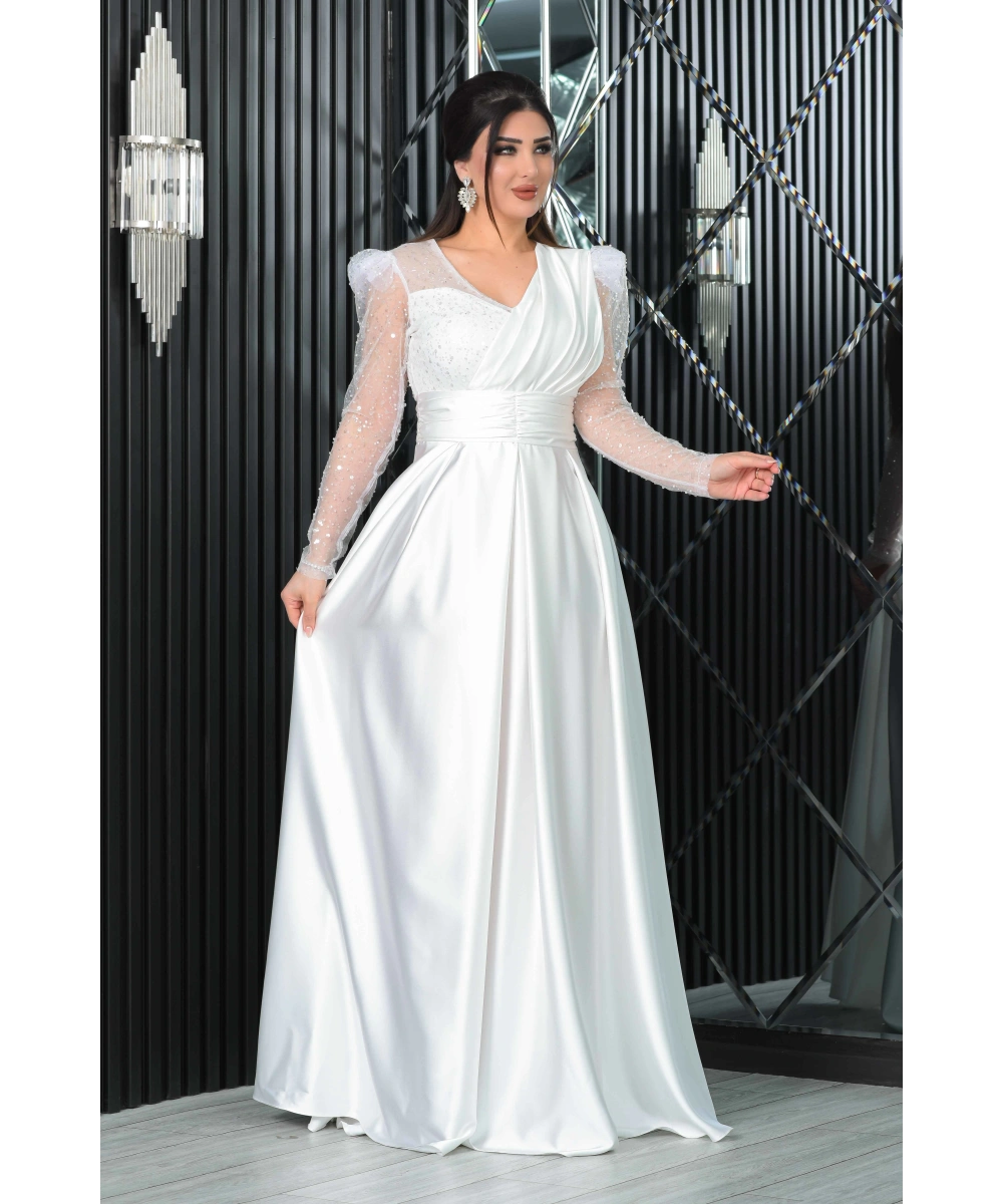 Saten İncili Payet Garnili V Dekolteli Uzun Elbise Abiye