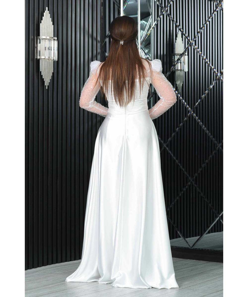 Saten İncili Payet Garnili V Dekolteli Uzun Elbise Abiye