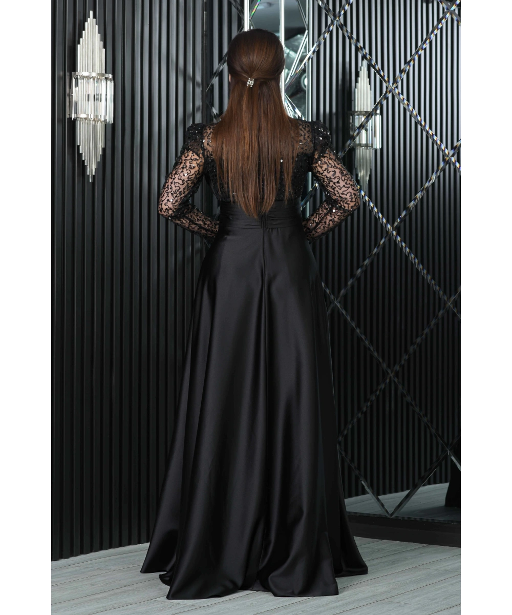 Saten İncili Payet Garnili V Dekolteli Uzun Elbise Abiye