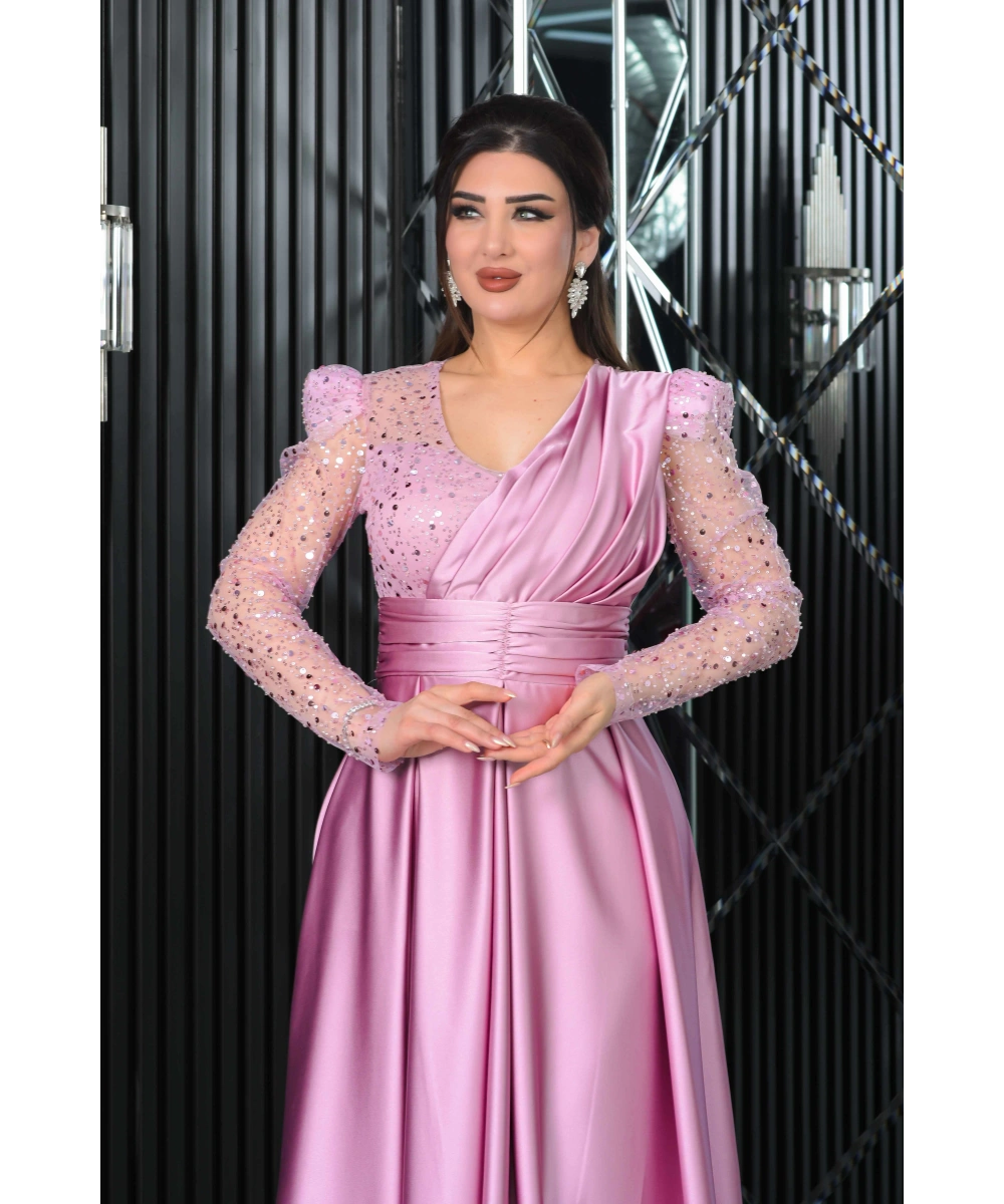 Saten İncili Payet Garnili V Dekolteli Uzun Elbise Abiye