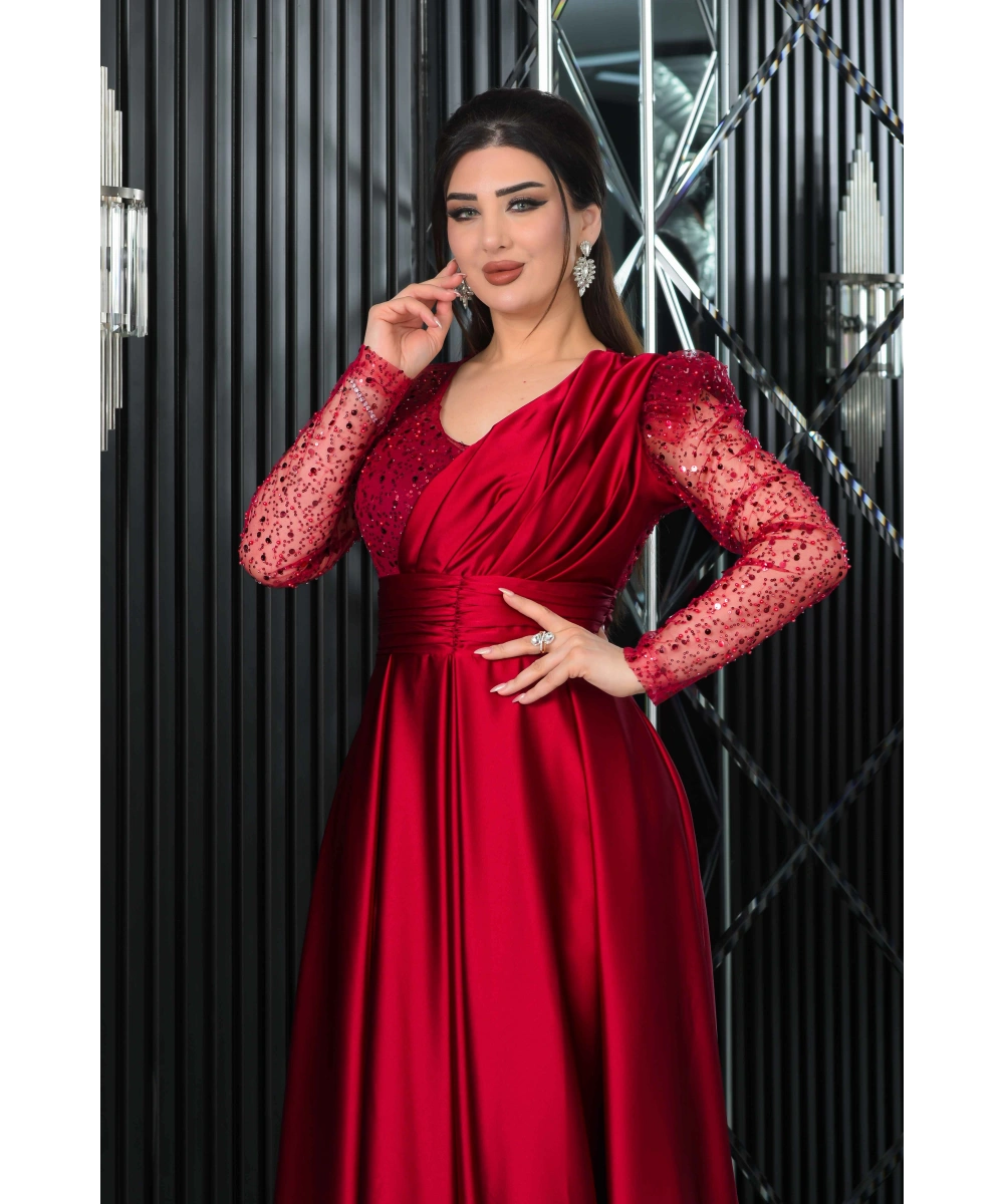 Saten İncili Payet Garnili V Dekolteli Uzun Elbise Abiye