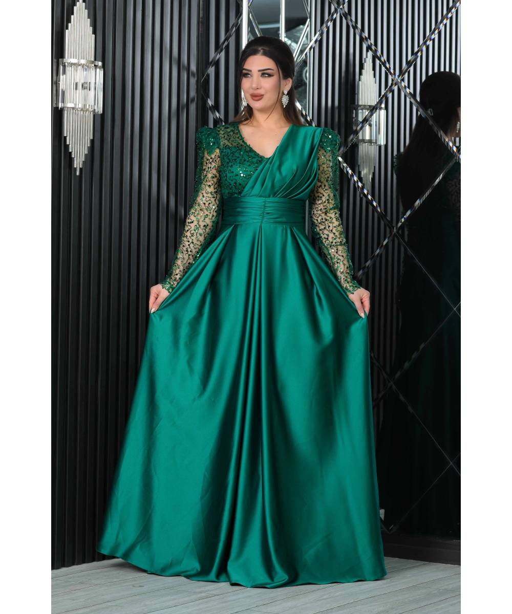 Saten İncili Payet Garnili V Dekolteli Uzun Elbise Abiye