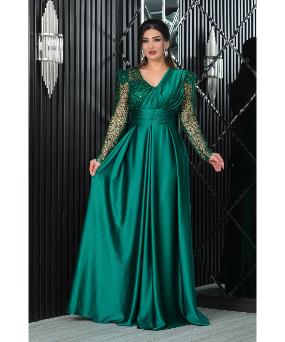 Saten İncili Payet Garnili V Dekolteli Uzun Elbise Abiye