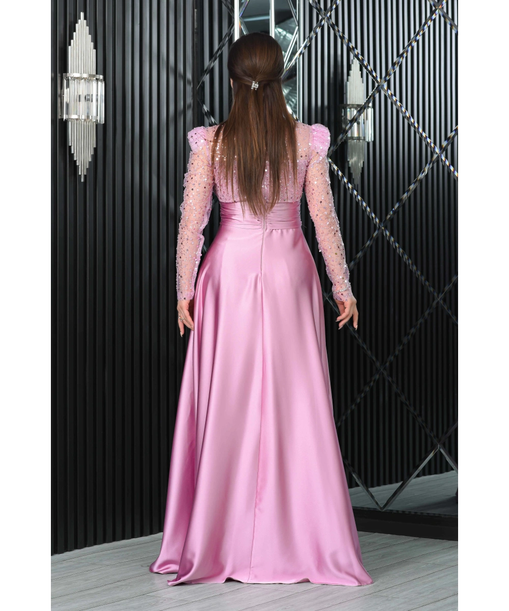 Saten İncili Payet Garnili V Dekolteli Uzun Elbise Abiye