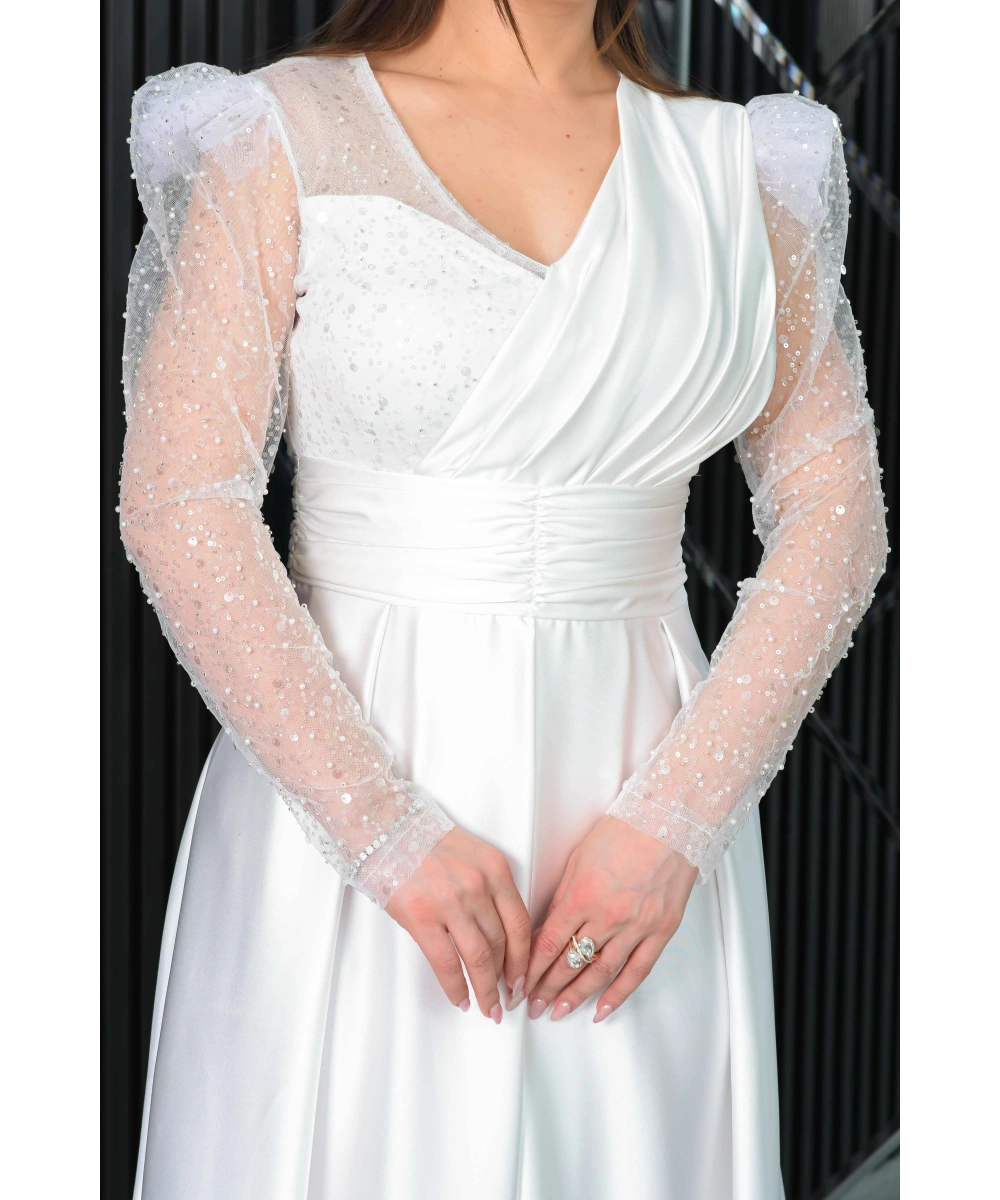 Saten İncili Payet Garnili V Dekolteli Uzun Elbise Abiye