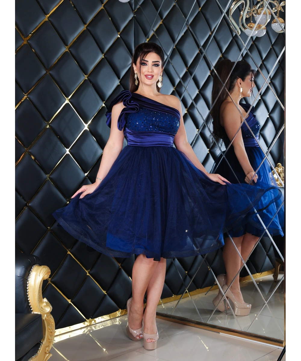 Saten İncili Payet Tül Tasarım Omuz Dekolteli Midi Elbise Abiye