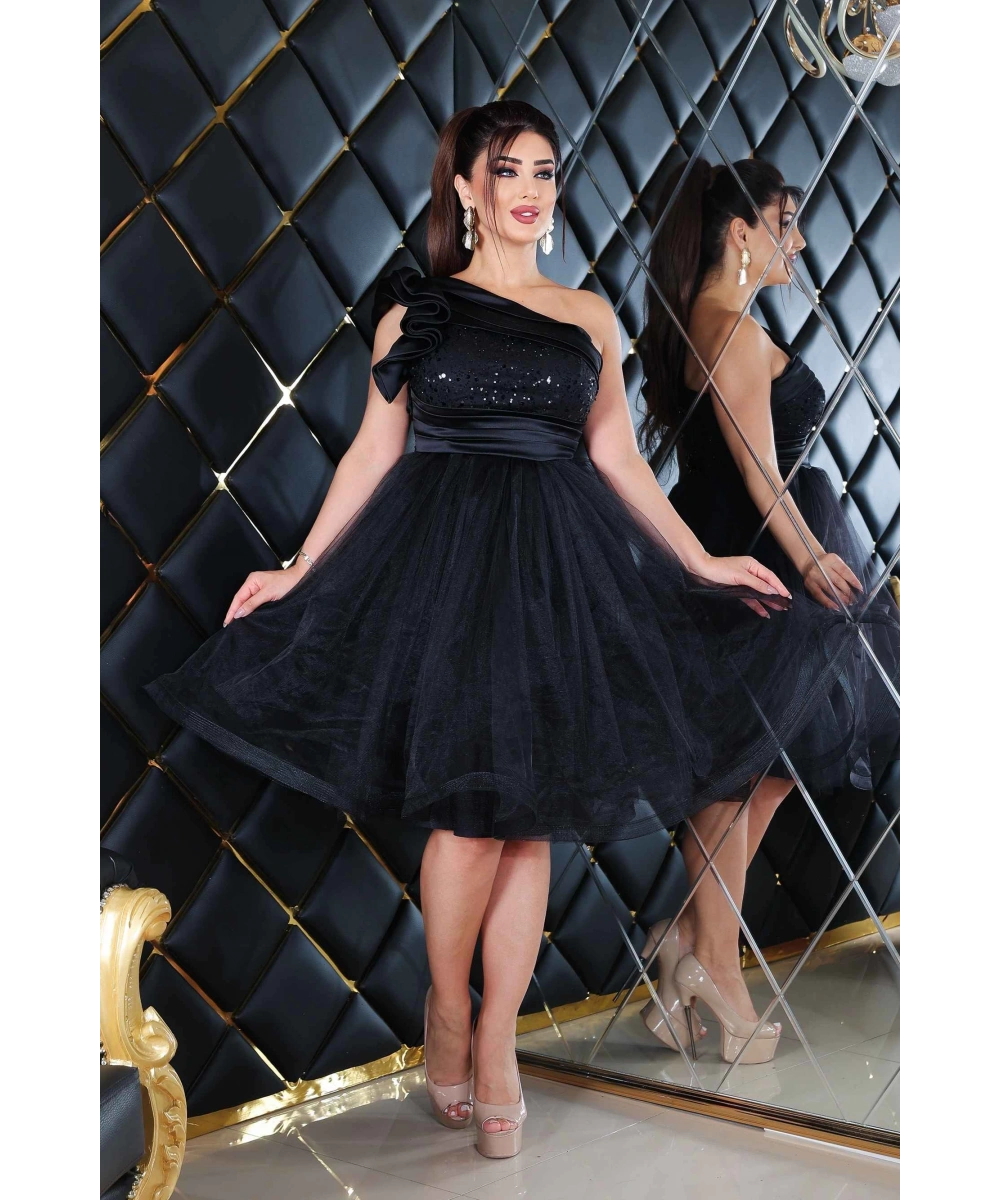 Saten İncili Payet Tül Tasarım Omuz Dekolteli Midi Elbise Abiye