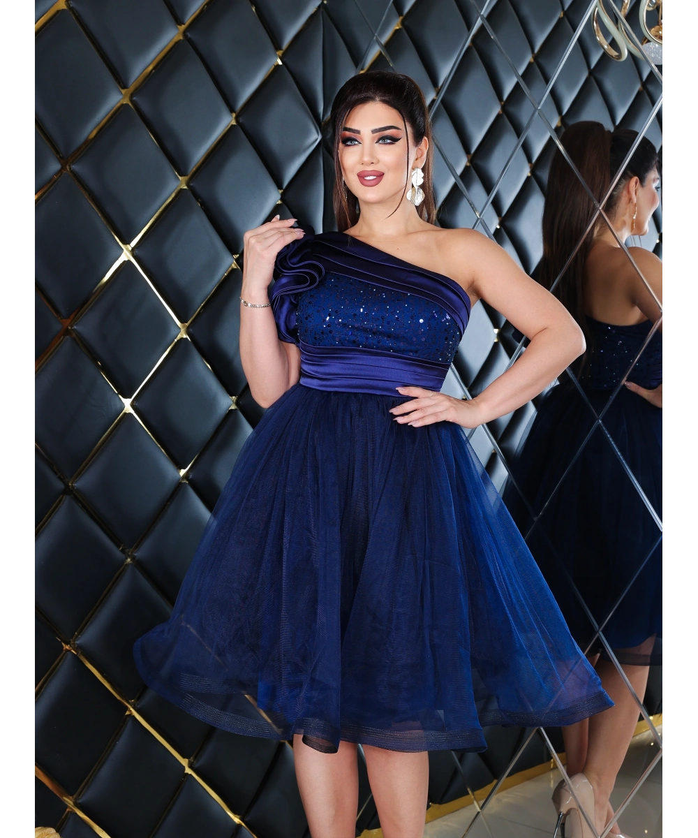 Saten İncili Payet Tül Tasarım Omuz Dekolteli Midi Elbise Abiye