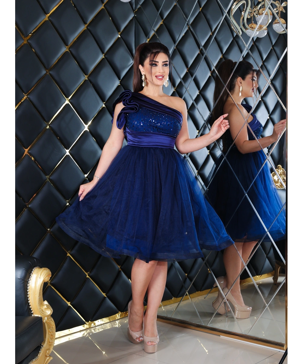 Saten İncili Payet Tül Tasarım Omuz Dekolteli Midi Elbise Abiye