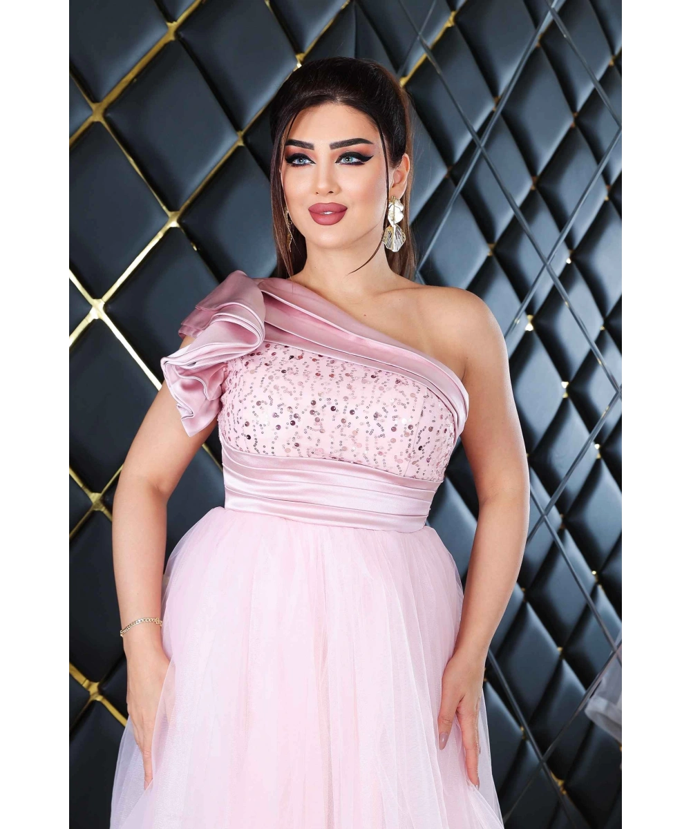 Saten İncili Payet Tül Tasarım Omuz Dekolteli Midi Elbise Abiye