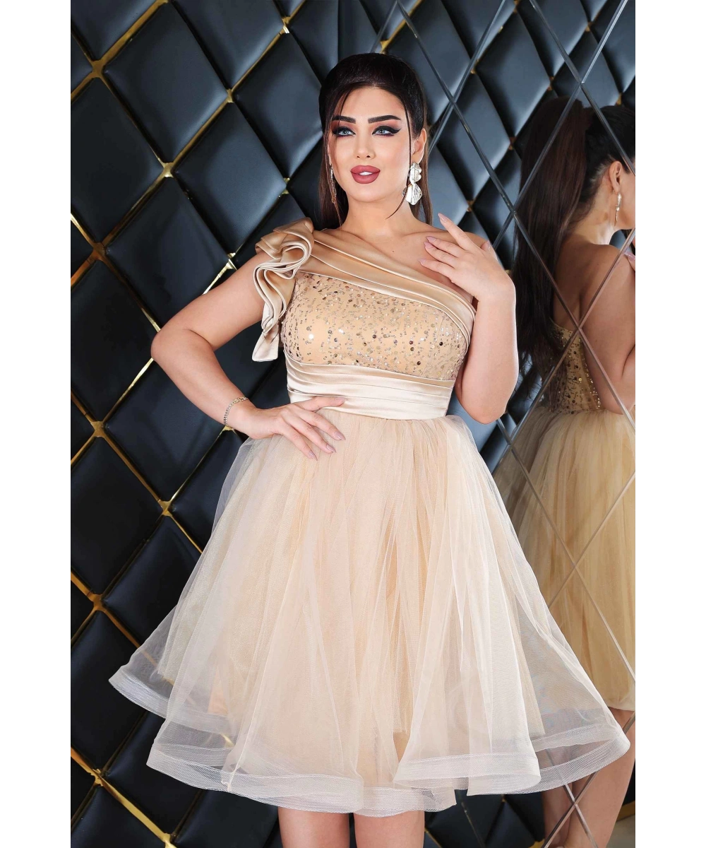 Saten İncili Payet Tül Tasarım Omuz Dekolteli Midi Elbise Abiye