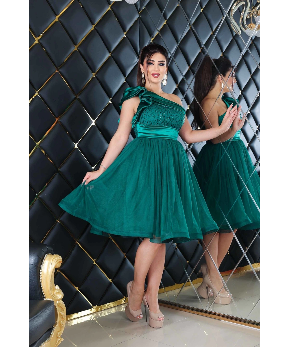 Saten İncili Payet Tül Tasarım Omuz Dekolteli Midi Elbise Abiye