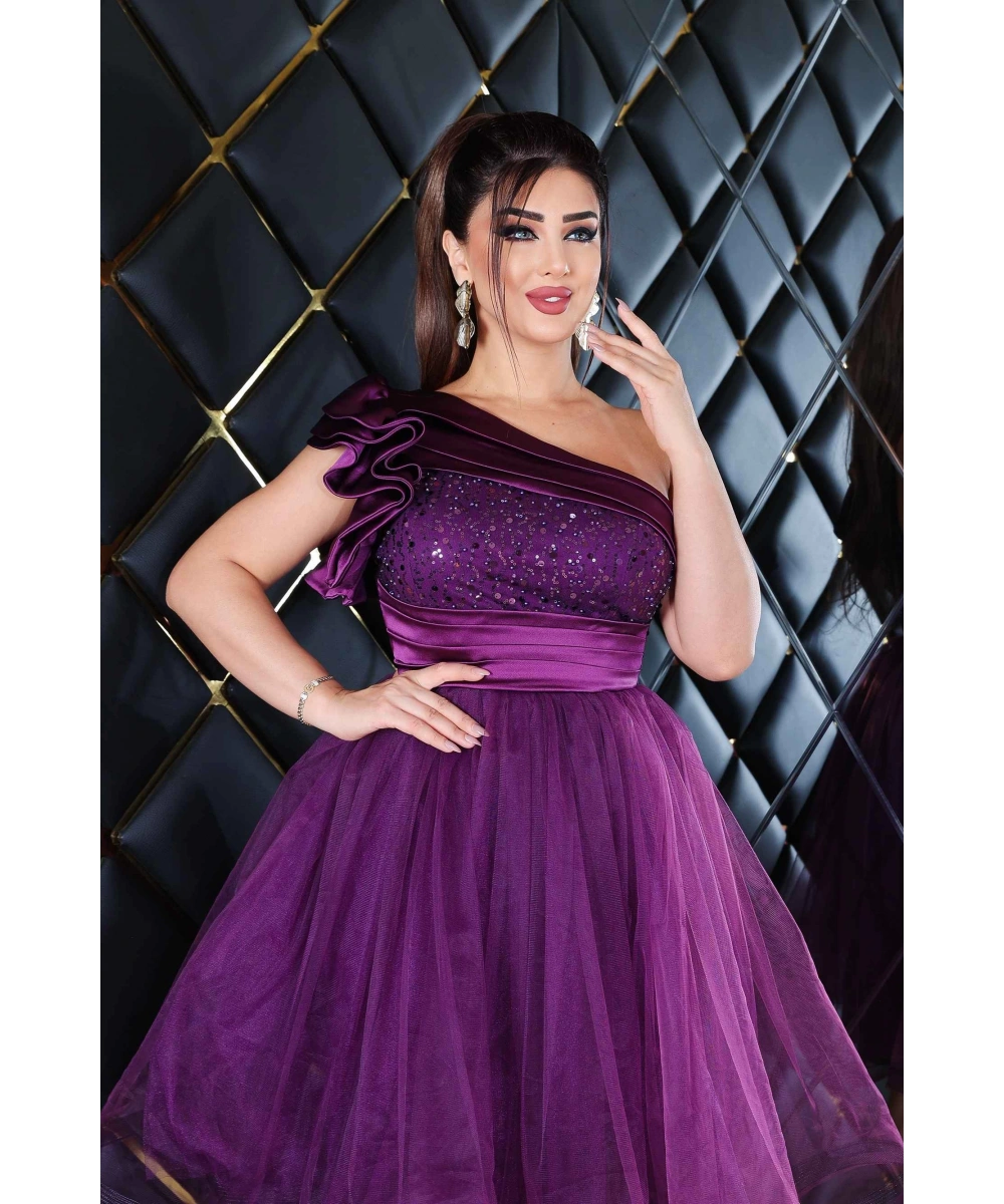 Saten İncili Payet Tül Tasarım Omuz Dekolteli Midi Elbise Abiye