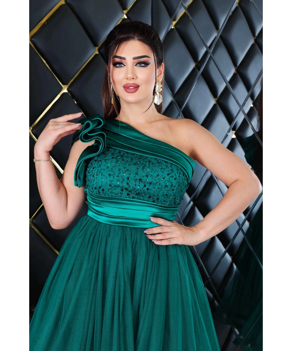 Saten İncili Payet Tül Tasarım Omuz Dekolteli Midi Elbise Abiye