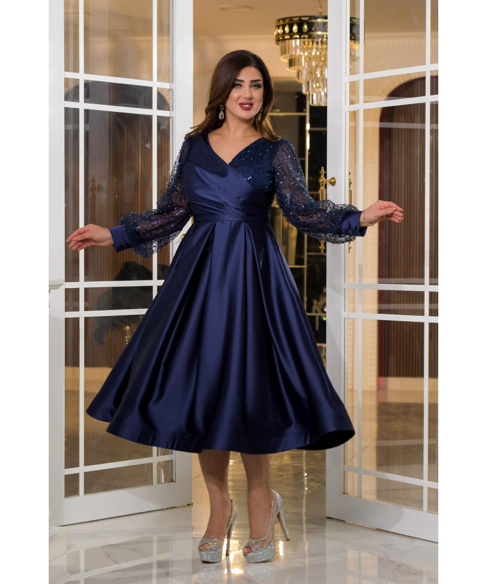 Saten İncili Tül Payet Tasarım V Dekolteli Diz Altı Elbise Abiye