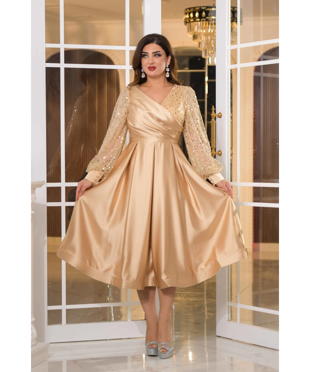 Saten İncili Tül Payet Tasarım V Dekolteli Diz Altı Elbise Abiye