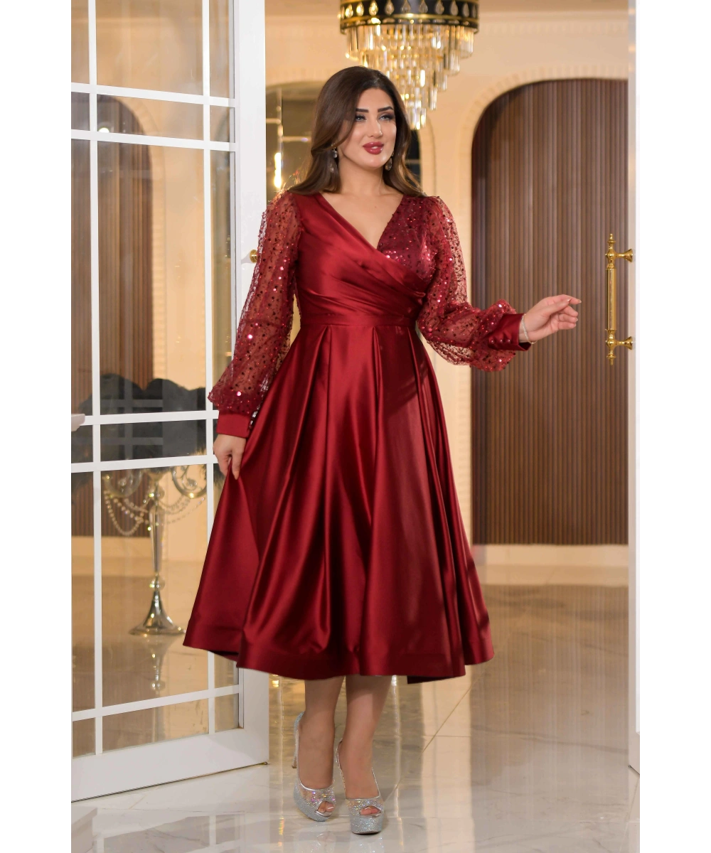 Saten İncili Tül Payet Tasarım V Dekolteli Diz Altı Elbise Abiye