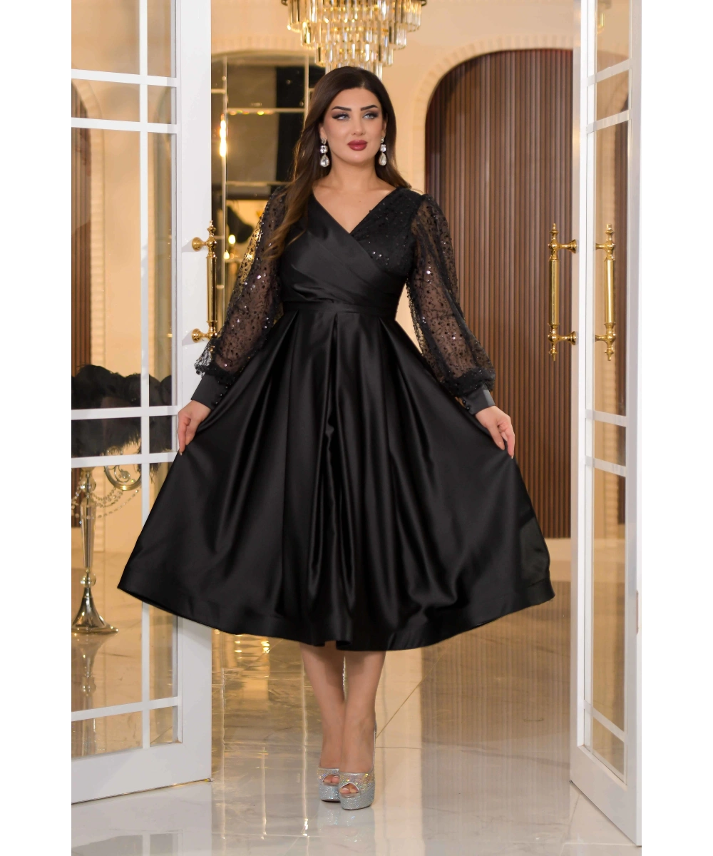 Saten İncili Tül Payet Tasarım V Dekolteli Diz Altı Elbise Abiye