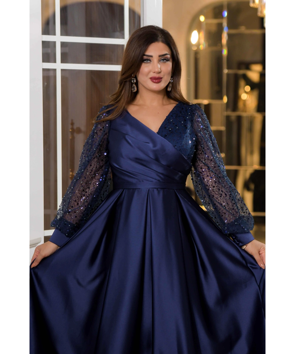 Saten İncili Tül Payet Tasarım V Dekolteli Diz Altı Elbise Abiye