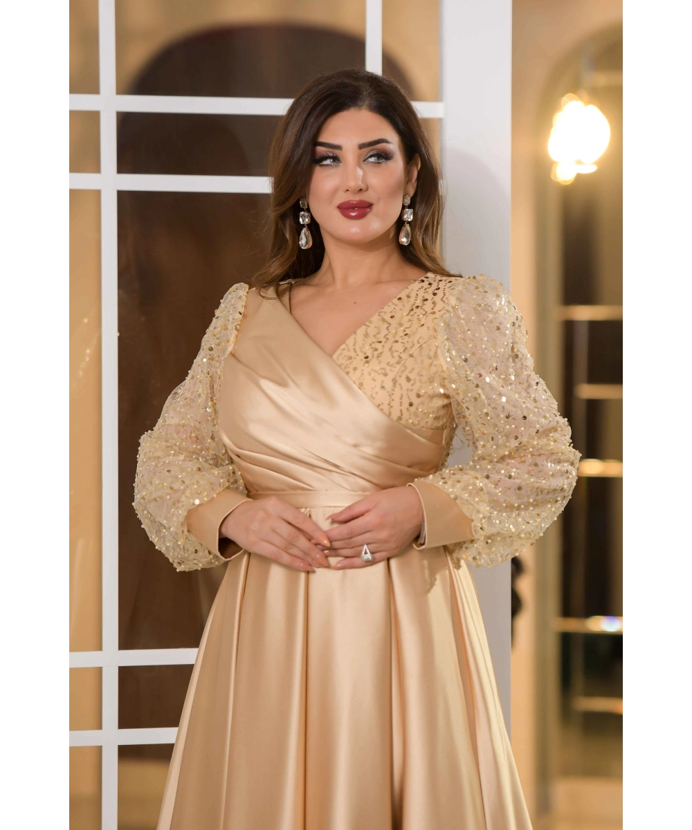 Saten İncili Tül Payet Tasarım V Dekolteli Diz Altı Elbise Abiye