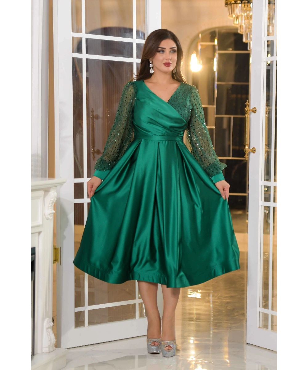 Saten İncili Tül Payet Tasarım V Dekolteli Diz Altı Elbise Abiye