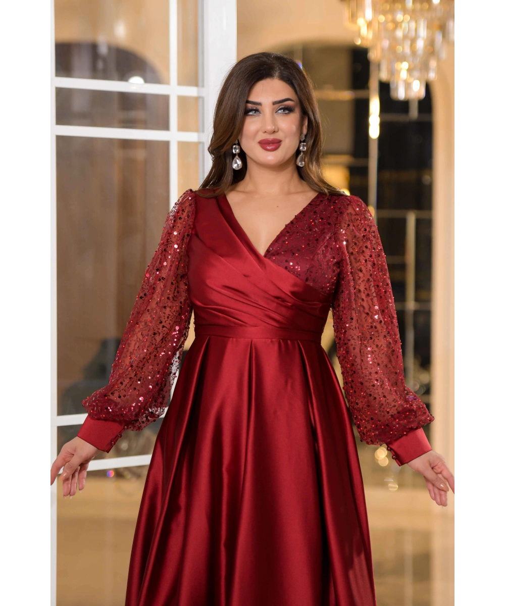 Saten İncili Tül Payet Tasarım V Dekolteli Diz Altı Elbise Abiye