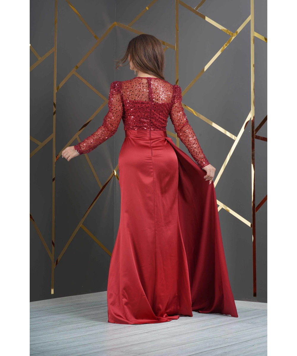 Saten Payet Tasarım Pelerinli Yırtmaçlı Uzun Elbise Abiye