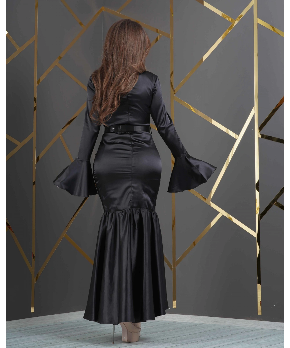 Saten Tasarım Bel Altı Pileli Önü Kısa Kol Uçları Pelerinli Kemerli Elbise Abiye