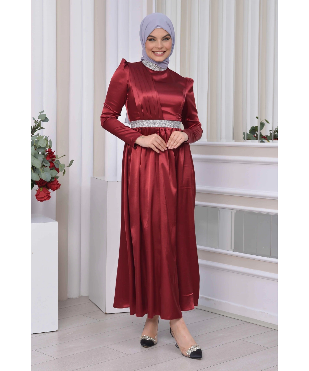 Saten Tasarım Beli Ve Boynu Taşlı Tesettür Abiye