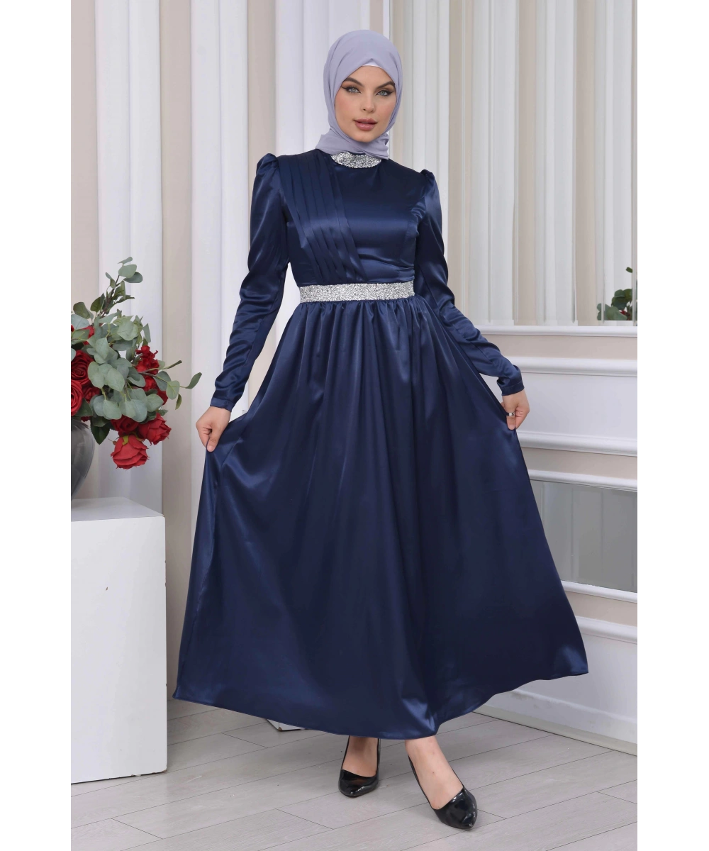 Saten Tasarım Beli Ve Boynu Taşlı Tesettür Abiye