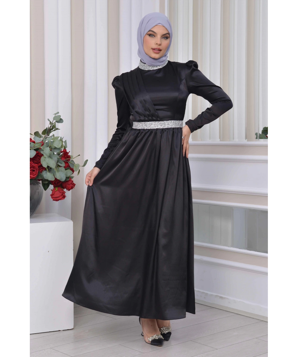 Saten Tasarım Beli Ve Boynu Taşlı Tesettür Abiye