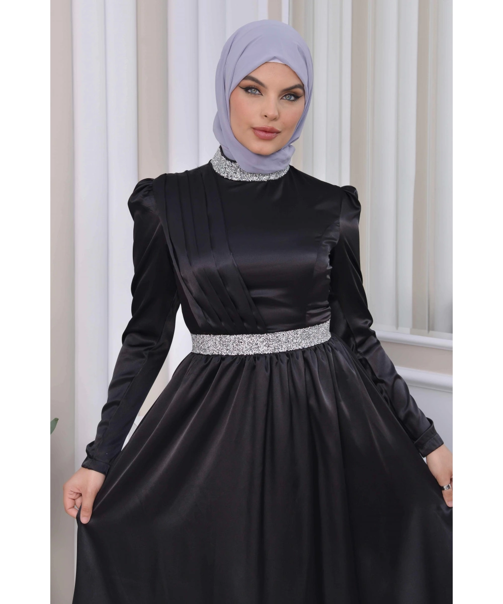 Saten Tasarım Beli Ve Boynu Taşlı Tesettür Abiye