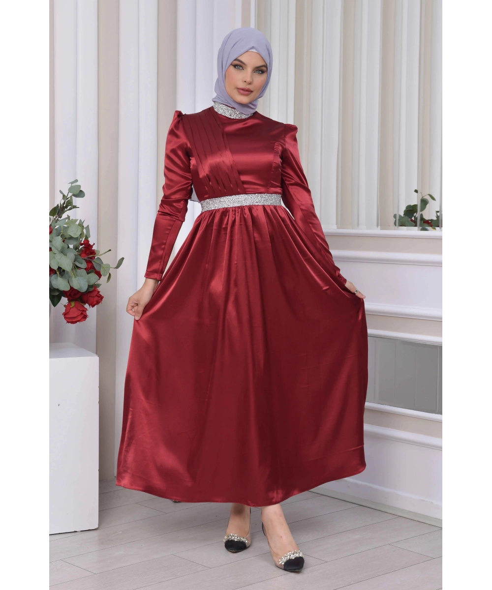 Saten Tasarım Beli Ve Boynu Taşlı Tesettür Abiye