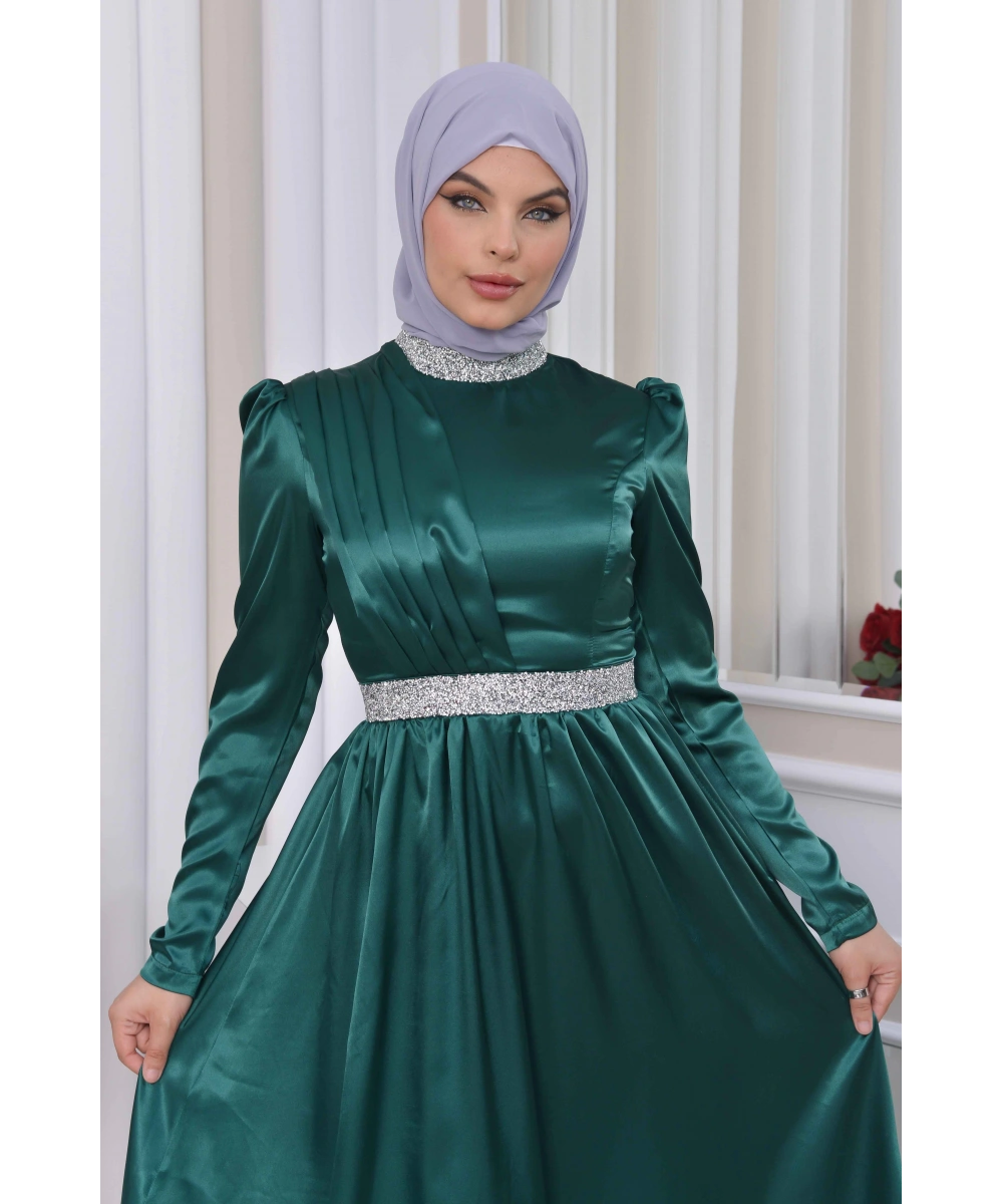 Saten Tasarım Beli Ve Boynu Taşlı Tesettür Abiye