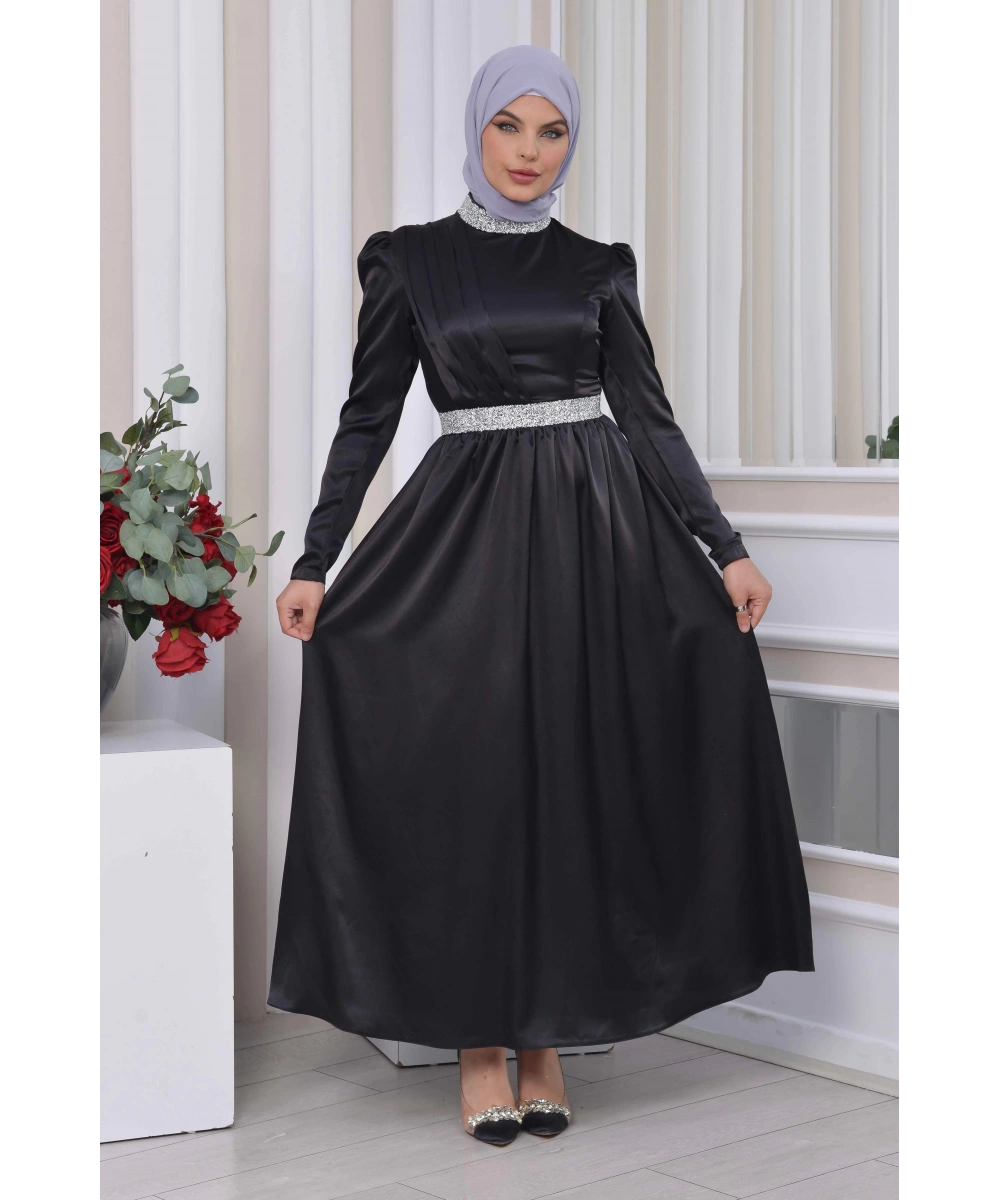 Saten Tasarım Beli Ve Boynu Taşlı Tesettür Abiye