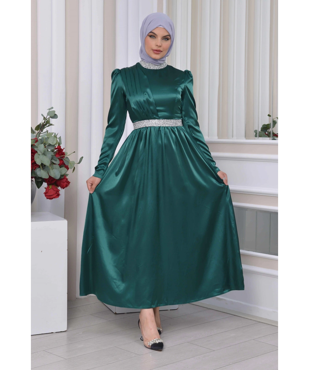Saten Tasarım Beli Ve Boynu Taşlı Tesettür Abiye